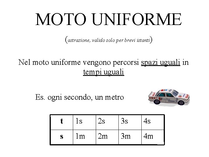 MOTO UNIFORME (astrazione, valido solo per brevi istanti) Nel moto uniforme vengono percorsi spazi MOTO UNIFORME (astrazione, valido solo per brevi istanti) Nel moto uniforme vengono percorsi spazi