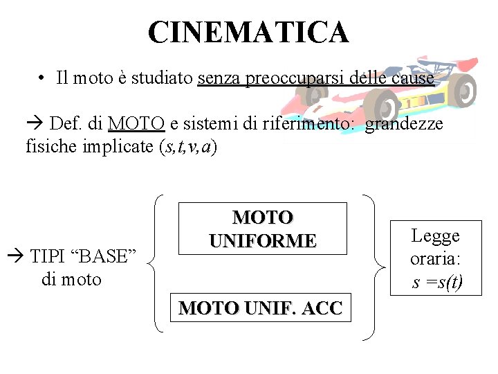 CINEMATICA • Il moto è studiato senza preoccuparsi delle cause Def. di MOTO e CINEMATICA • Il moto è studiato senza preoccuparsi delle cause Def. di MOTO e
