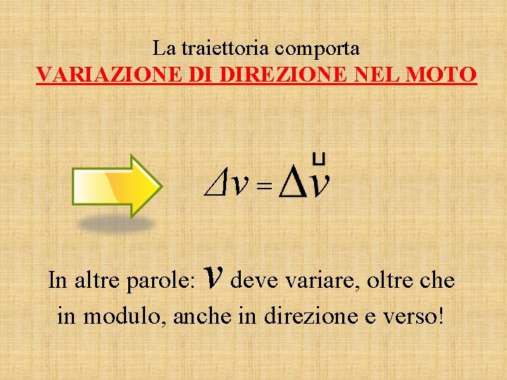 La traiettoria comporta VARIAZIONE DI DIREZIONE NEL MOTO Δv = v In altre parole: La traiettoria comporta VARIAZIONE DI DIREZIONE NEL MOTO Δv = v In altre parole: