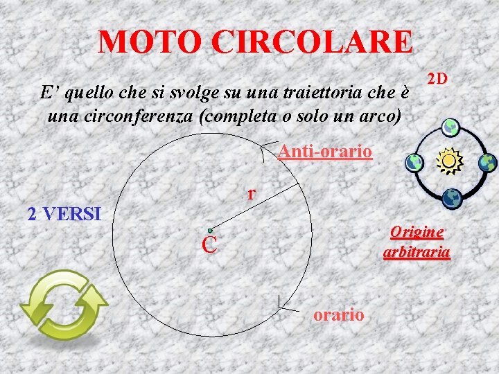 MOTO CIRCOLARE E’ quello che si svolge su una traiettoria che è una circonferenza MOTO CIRCOLARE E’ quello che si svolge su una traiettoria che è una circonferenza