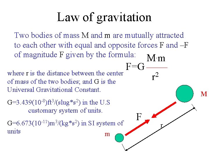 Law of gravitation Two bodies of mass M and m are mutually attracted to