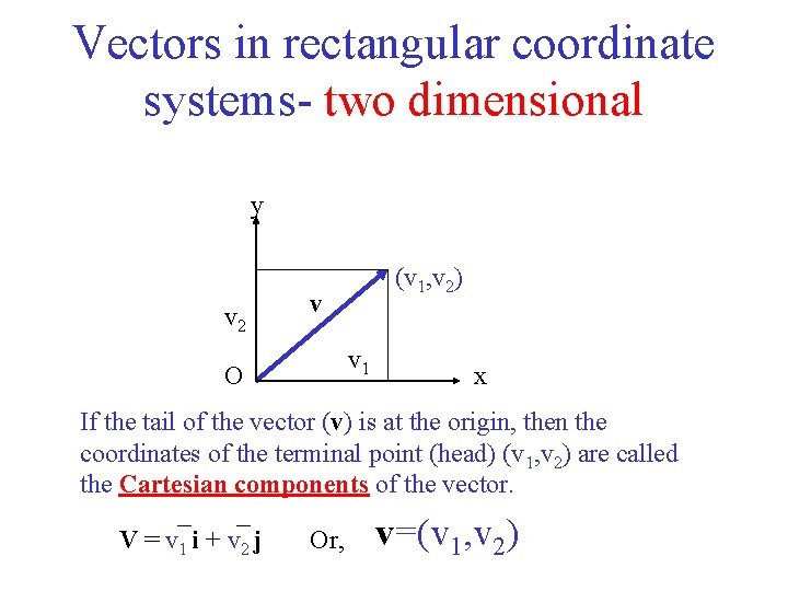 Vectors in rectangular coordinate systems- two dimensional y v 2 (v 1, v 2)