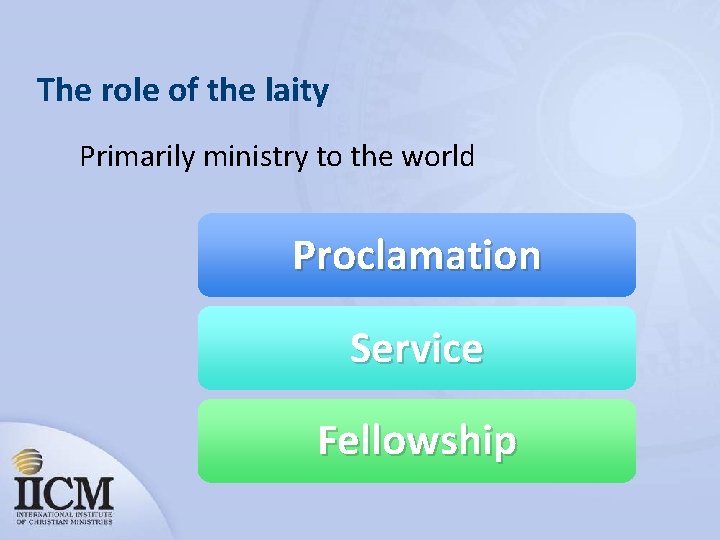 The role of the laity Primarily ministry to the world Proclamation Service Fellowship 