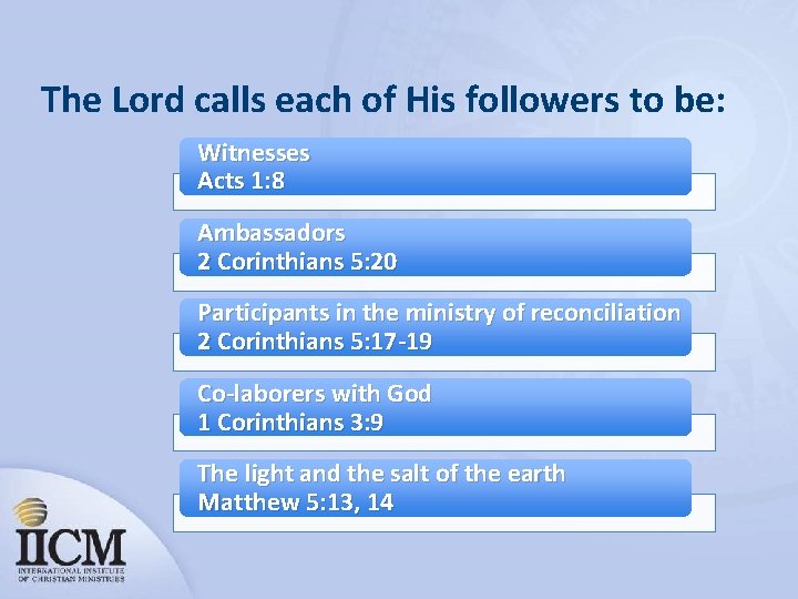 The Lord calls each of His followers to be: Witnesses Acts 1: 8 Ambassadors