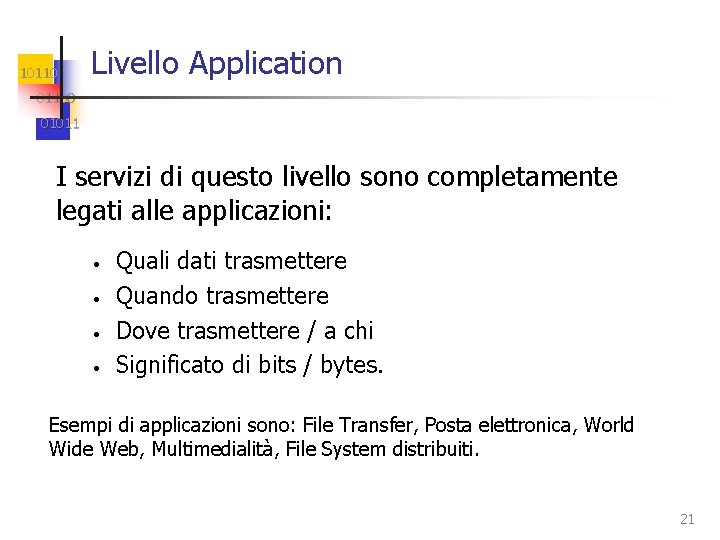 10110 Livello Application 01100 01011 I servizi di questo livello sono completamente legati alle