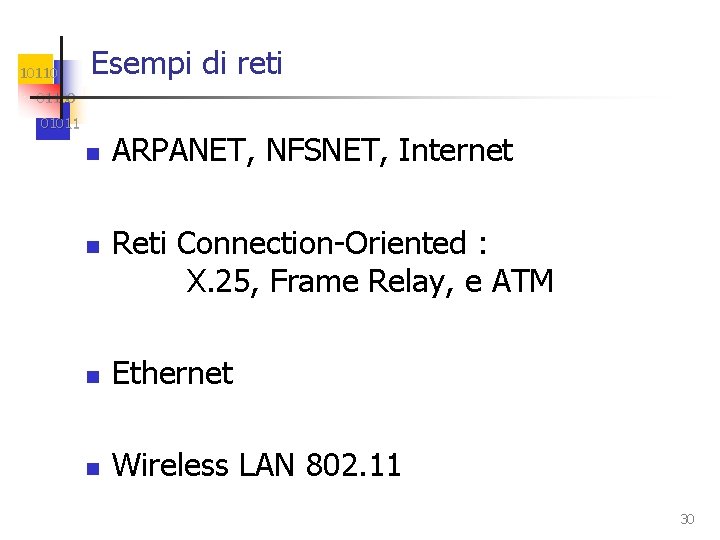 10110 Esempi di reti 01100 01011 n n ARPANET, NFSNET, Internet Reti Connection-Oriented :
