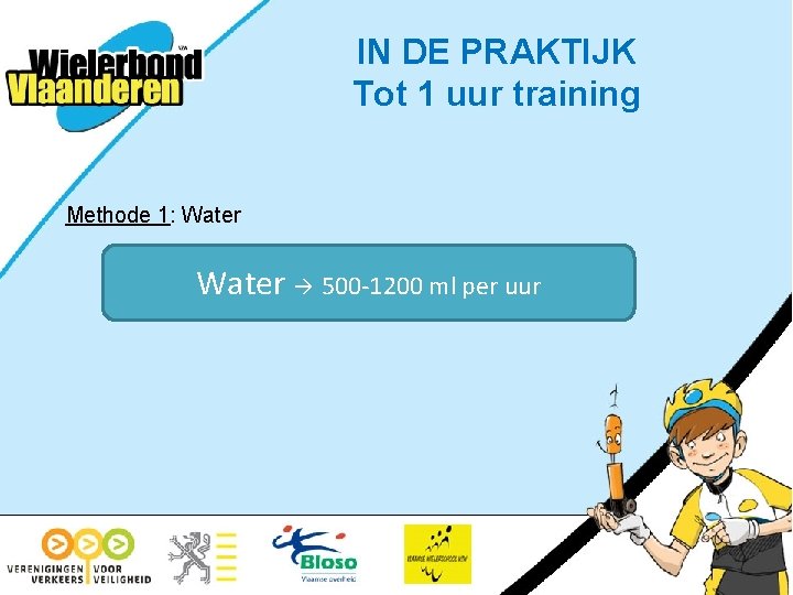 IN DE PRAKTIJK Tot 1 uur training Methode 1: Water 500 -1200 ml per