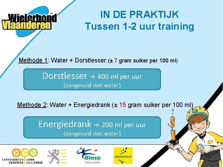 IN DE PRAKTIJK Tussen 1 -2 uur training Methode 1: Water + Dorstlesser (±