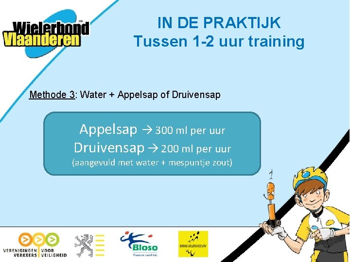 IN DE PRAKTIJK Tussen 1 -2 uur training Methode 3: Water + Appelsap of