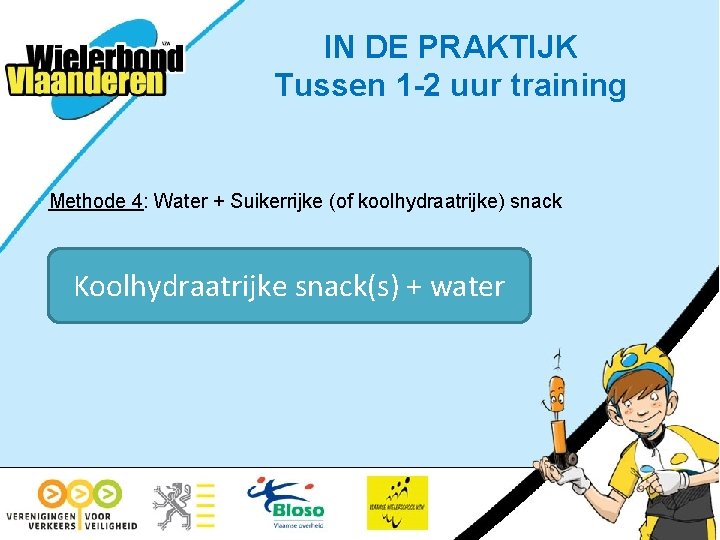 IN DE PRAKTIJK Tussen 1 -2 uur training Methode 4: Water + Suikerrijke (of