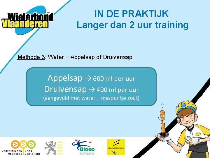 IN DE PRAKTIJK Langer dan 2 uur training Methode 3: Water + Appelsap of