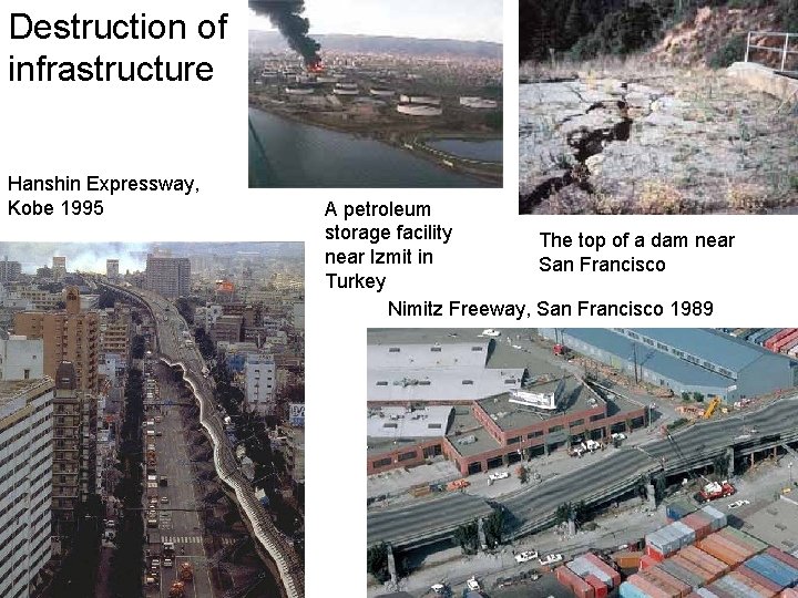 Destruction of infrastructure Hanshin Expressway, Kobe 1995 A petroleum storage facility The top of