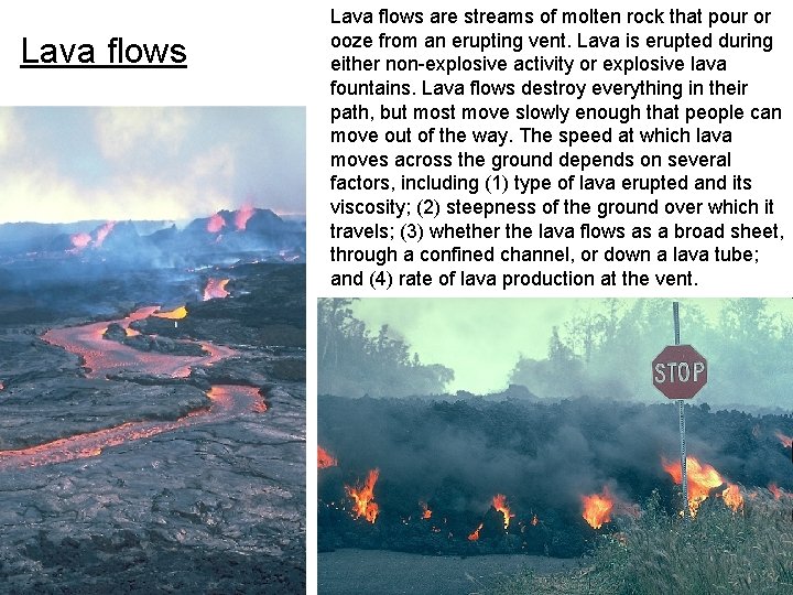 Lava flows are streams of molten rock that pour or ooze from an erupting