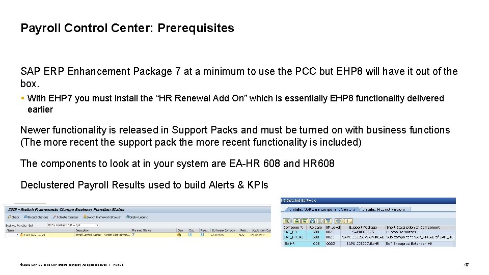 Payroll Control Center: Prerequisites SAP ERP Enhancement Package 7 at a minimum to use