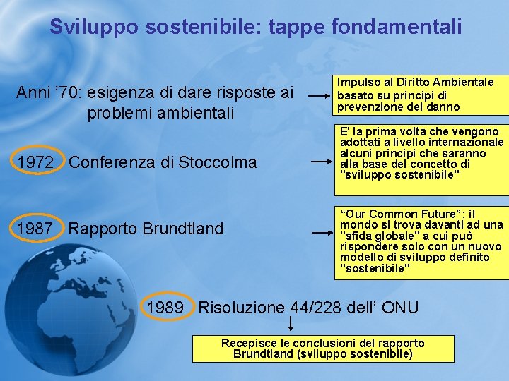 Sviluppo sostenibile: tappe fondamentali Anni ’ 70: esigenza di dare risposte ai problemi ambientali