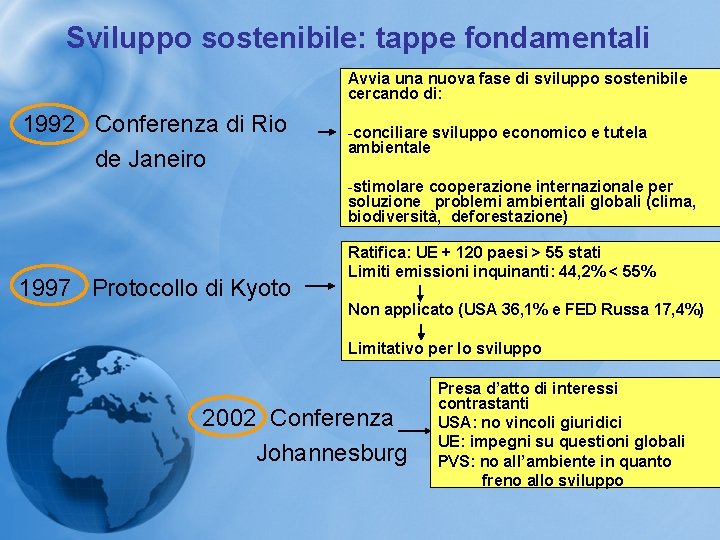 Sviluppo sostenibile: tappe fondamentali Avvia una nuova fase di sviluppo sostenibile cercando di: 1992