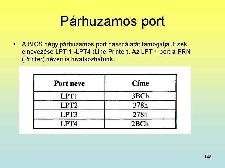 Párhuzamos port • A BIOS négy párhuzamos port használatát támogatja. Ezek elnevezése LPT 1