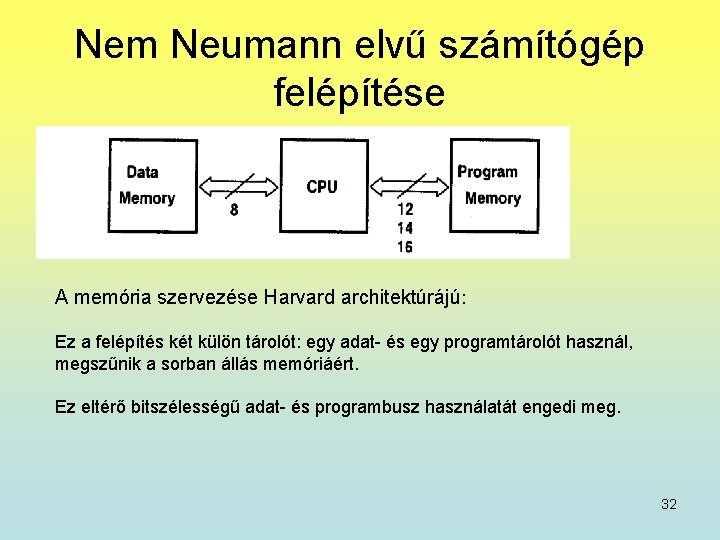 Nem Neumann elvű számítógép felépítése A memória szervezése Harvard architektúrájú: Ez a felépítés két
