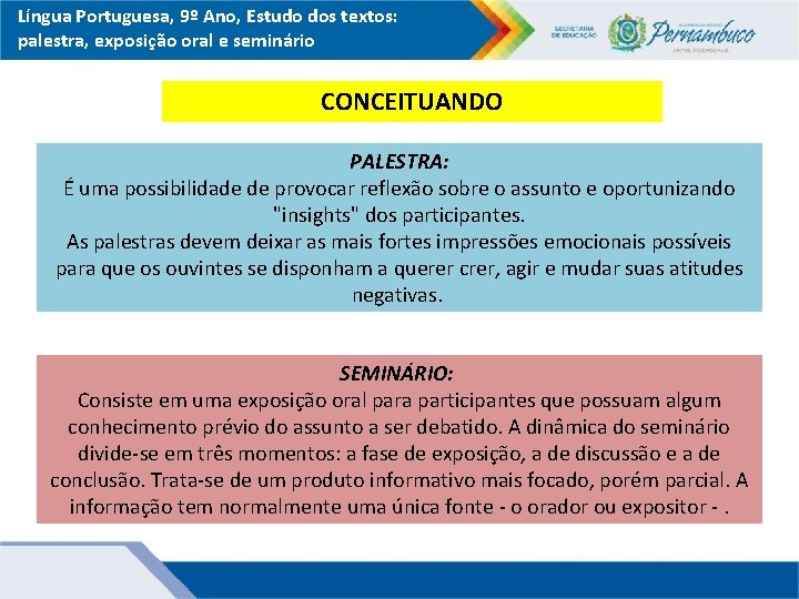 Língua Portuguesa, 9º Ano, Estudo dos textos: palestra, exposição oral e seminário CONCEITUANDO PALESTRA:
