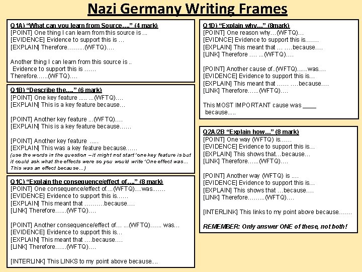 Nazi Germany Writing Frames Q 1 A) “What can you learn from Source…. ”