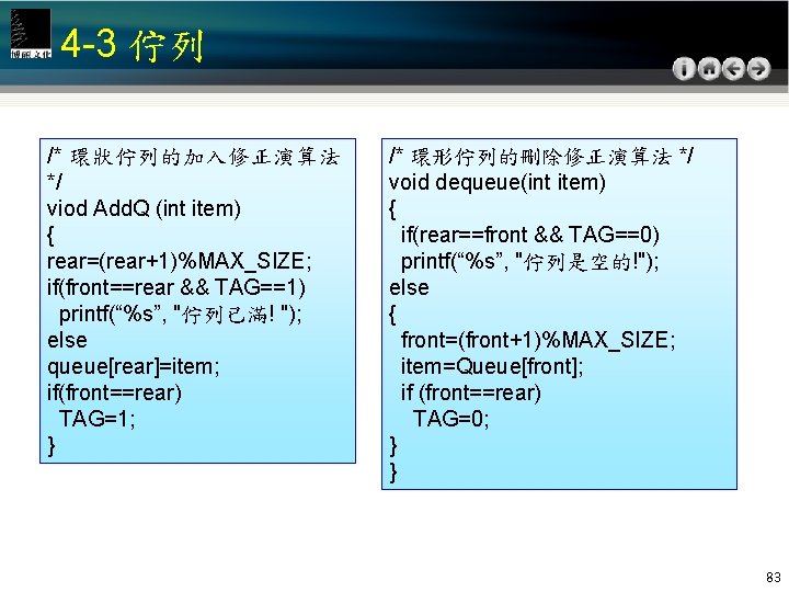 4 -3 佇列 /* 環狀佇列的加入修正演算法 */ viod Add. Q (int item) { rear=(rear+1)%MAX_SIZE; if(front==rear