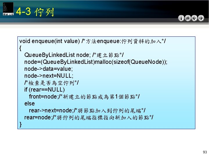 4 -3 佇列 void enqueue(int value) /*方法enqueue: 佇列資料的加入*/ { Queue. By. Linked. List node;