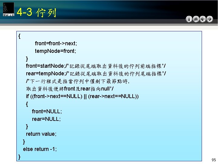 4 -3 佇列 { front=front->next; temp. Node=front; } front=start. Node; /*記錄從尾端取出資料後的佇列前端指標*/ rear=temp. Node; /*記錄從尾端取出資料後的佇列尾端指標*/