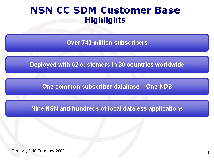 NSN CC SDM Customer Base Highlights Over 740 million subscribers Deployed with 62 customers NSN CC SDM Customer Base Highlights Over 740 million subscribers Deployed with 62 customers