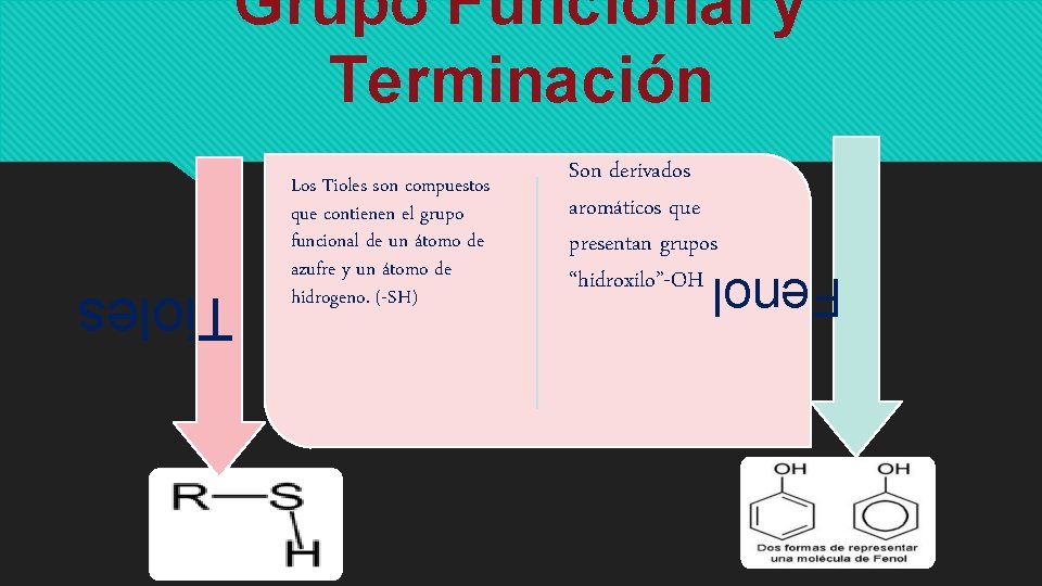 Grupo Funcional y Terminación Son derivados aromáticos que presentan grupos “hidroxilo”-OH Fenol Los Tioles