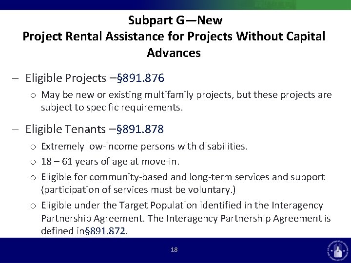 Subpart G—New Project Rental Assistance for Projects Without Capital Advances Eligible Projects –§ 891.