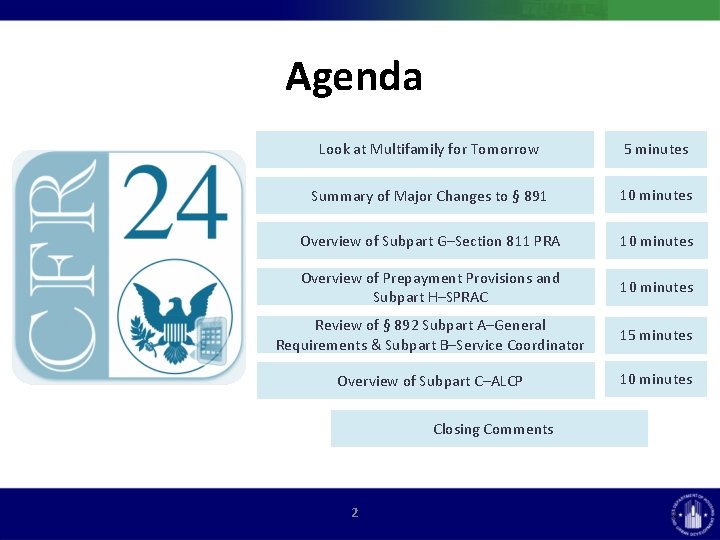 Agenda Look at Multifamily for Tomorrow 5 minutes Summary of Major Changes to §