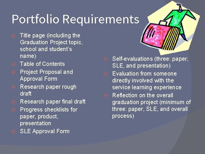 Portfolio Requirements ⦿ ⦿ ⦿ ⦿ Title page (including the Graduation Project topic, school Portfolio Requirements ⦿ ⦿ ⦿ ⦿ Title page (including the Graduation Project topic, school