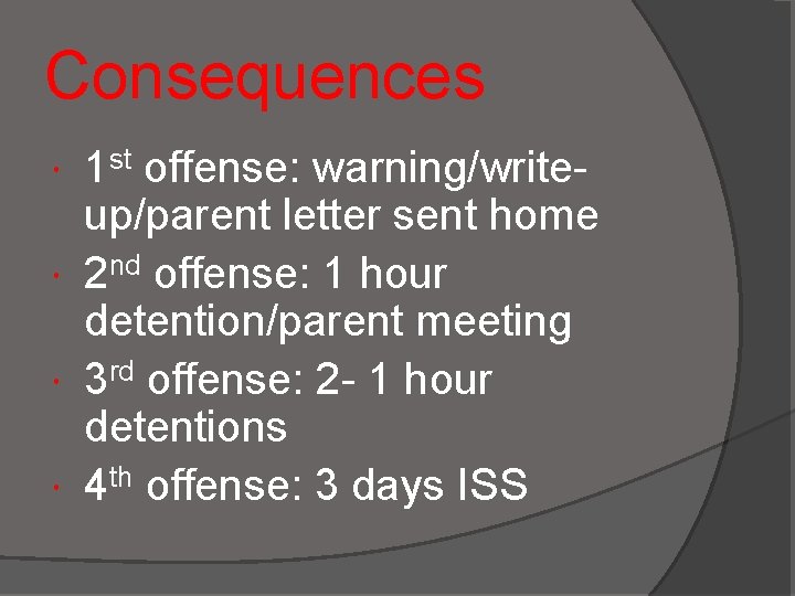 Consequences 1 st offense: warning/writeup/parent letter sent home 2 nd offense: 1 hour detention/parent