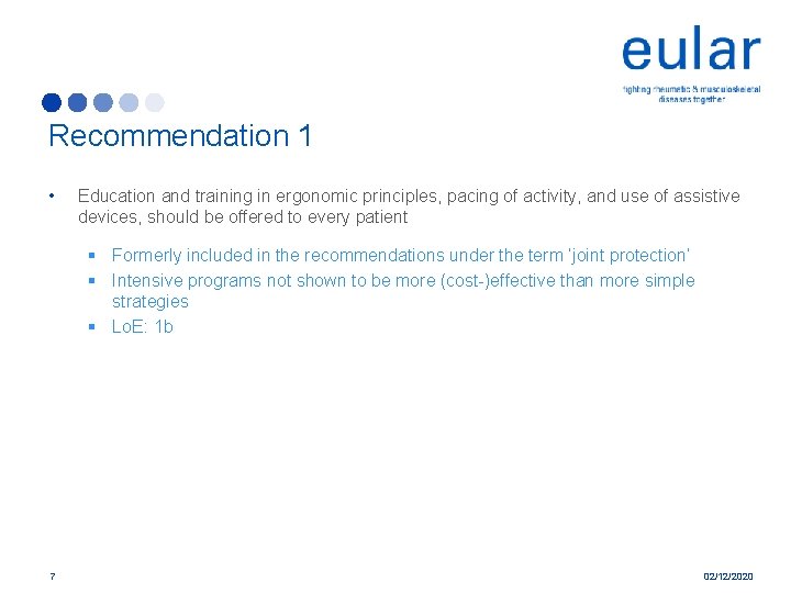 Recommendation 1 • Education and training in ergonomic principles, pacing of activity, and use