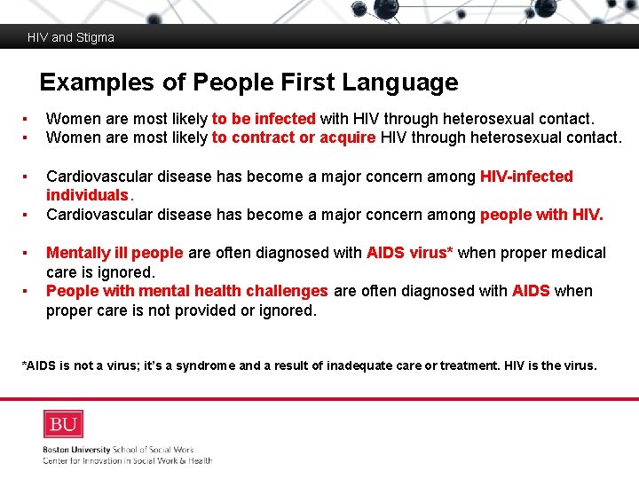 HIV and Stigma Examples of People First Language ▪ ▪ Boston University Slideshow Title
