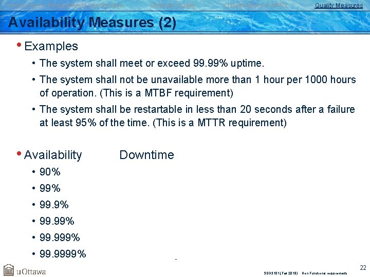 Introduction to Requirements Specification Software Quality Classifications of NFRs Quality Measures Availability Measures (2)