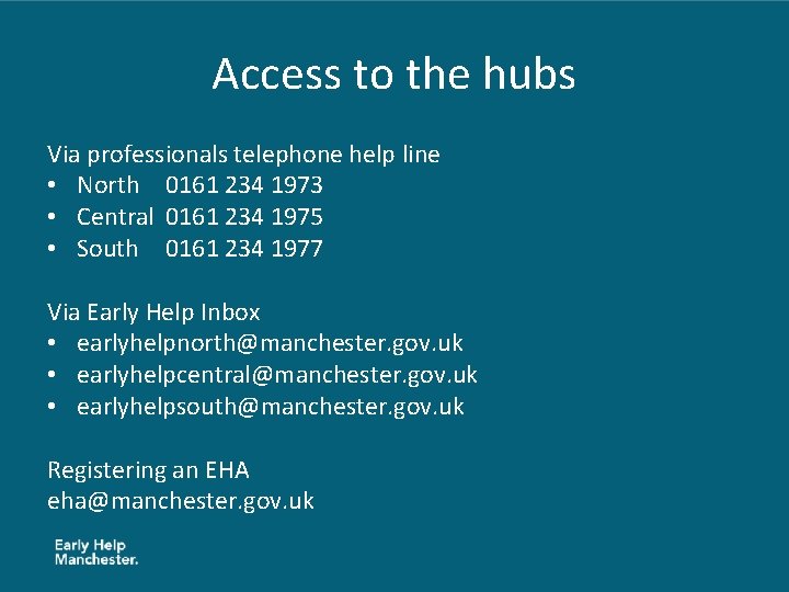 Access to the hubs Via professionals telephone help line • North 0161 234 1973