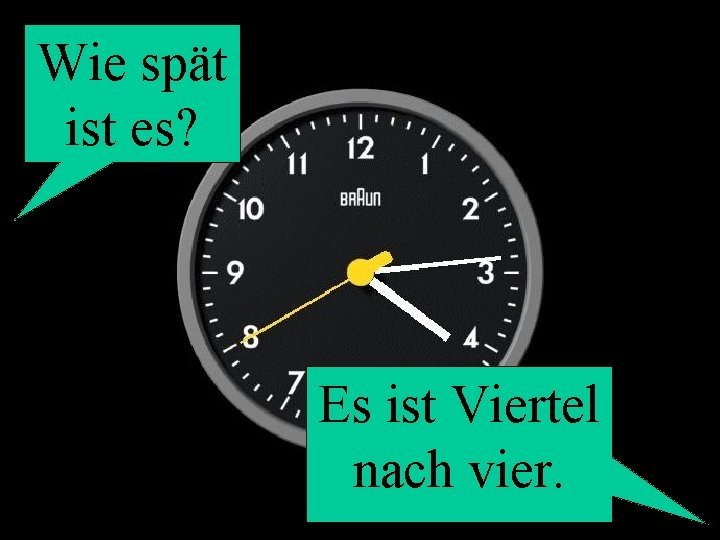 Wie spät ist es? Es ist Viertel nach vier. 