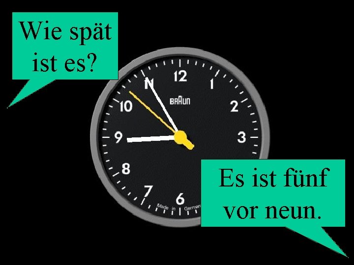 Wie spät ist es? Es ist fünf vor neun. 