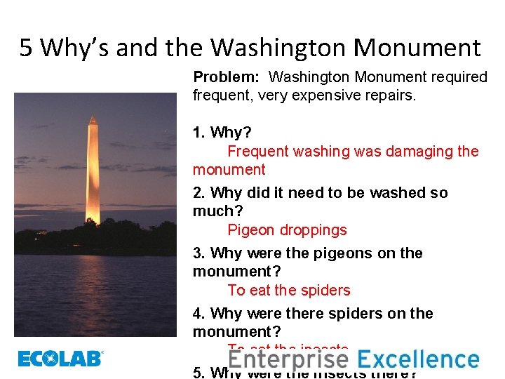 5 Why’s and the Washington Monument Problem: Washington Monument required frequent, very expensive repairs.