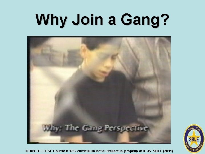 Why Join a Gang? ©This TCLEOSE Course # 3952 curriculum is the intellectual property