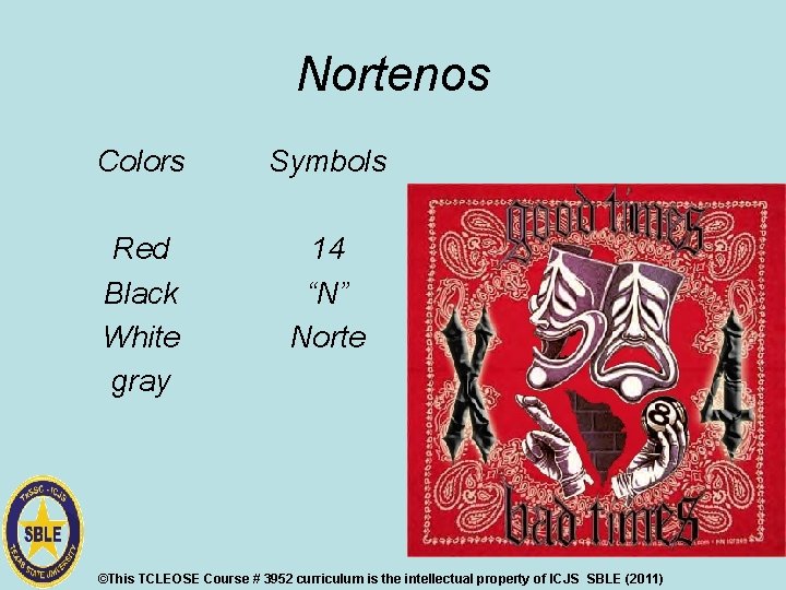 Nortenos Colors Symbols Red Black White gray 14 “N” Norte ©This TCLEOSE Course #