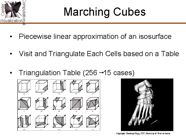 Center Computational CCV Marching Cubes Visualization • Piecewise linear approximation of an isosurface • Center Computational CCV Marching Cubes Visualization • Piecewise linear approximation of an isosurface •