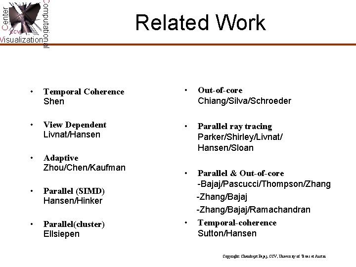 Center Computational CCV Related Work Visualization • Temporal Coherence Shen • Out-of-core Chiang/Silva/Schroeder • Center Computational CCV Related Work Visualization • Temporal Coherence Shen • Out-of-core Chiang/Silva/Schroeder •