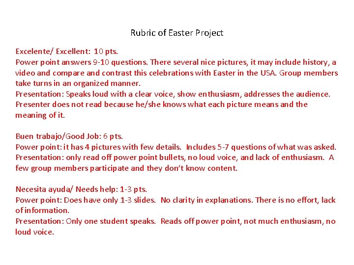 Rubric of Easter Project Excelente/ Excellent: 10 pts. Power point answers 9 -10 questions.