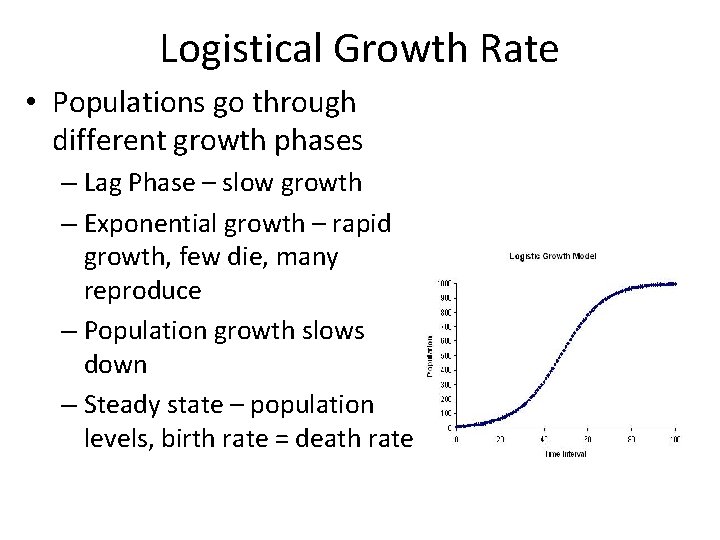 Logistical Growth Rate • Populations go through different growth phases – Lag Phase –