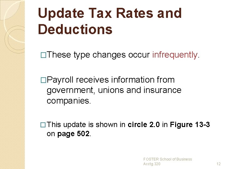 Update Tax Rates and Deductions �These type changes occur infrequently. �Payroll receives information from