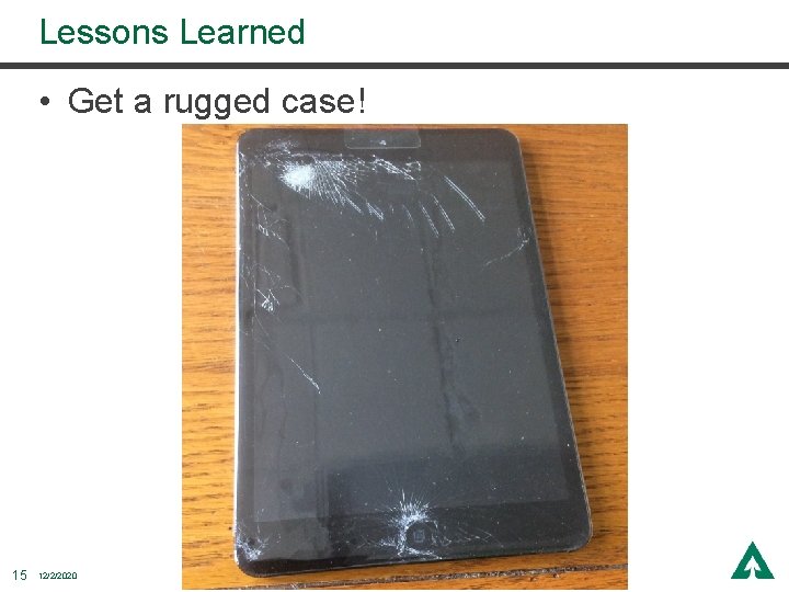 Lessons Learned • Get a rugged case! 15 12/2/2020 Lessons Learned • Get a rugged case! 15 12/2/2020