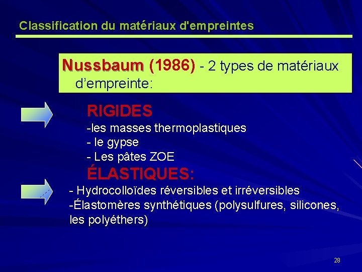Classification du matériaux d'empreintes Nussbaum (1986) - 2 types de matériaux Nussbaum d’empreinte: RIGIDES