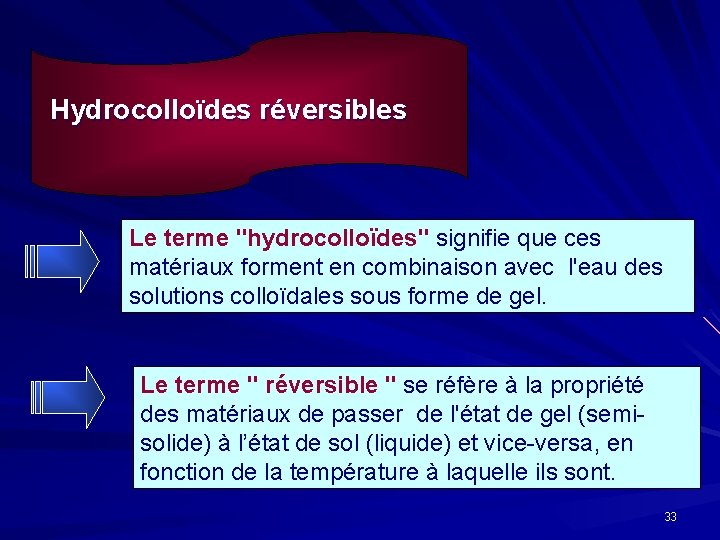 Hydrocolloïdes réversibles Le terme "hydrocolloïdes" signifie que ces matériaux forment en combinaison avec l'eau